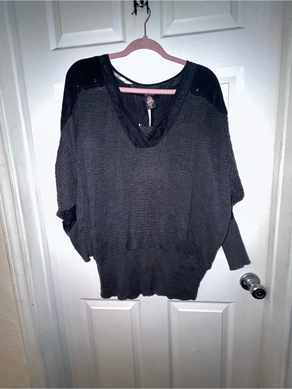 Free People Vintage Distressed Oversized V-Neck Sweater - Black